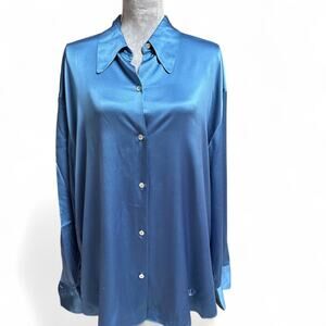 VINCE 100% Silk Button Down Shirt Women’s 1X Blue Long Sleeve Blouse Top